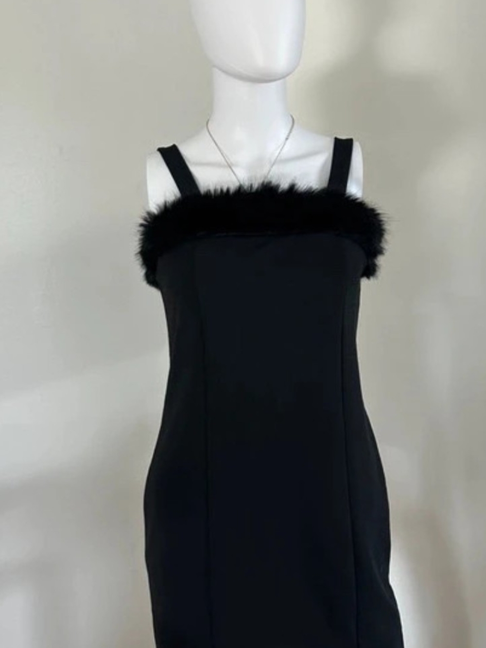 Black Mini Dress with Faux-Fur Trimmed Square Neck